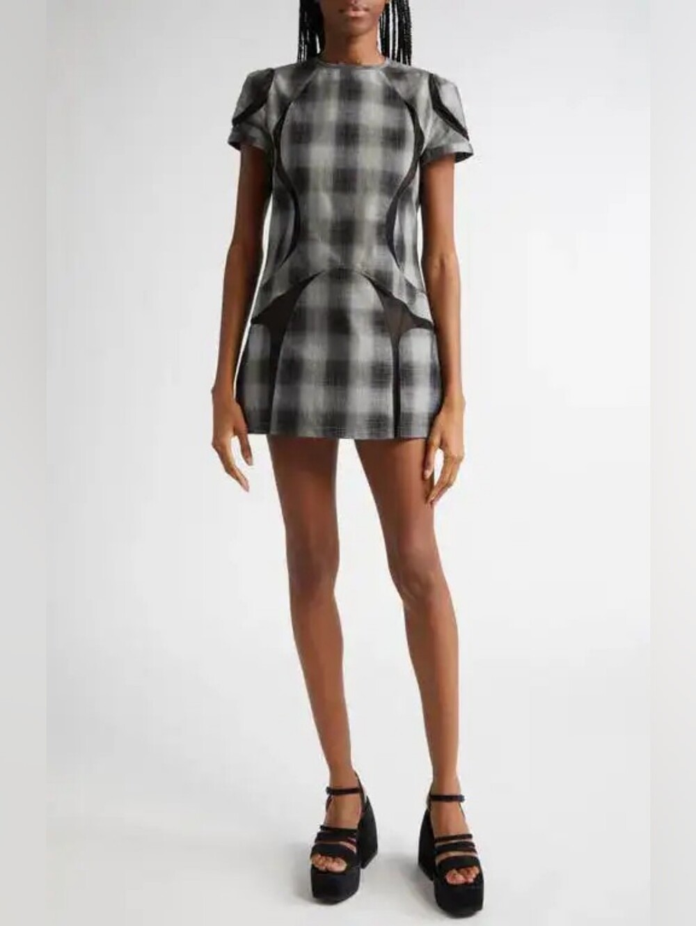 Ashley Williams Dress Space Mesh Inset Gray Black Plaid Mini Size S